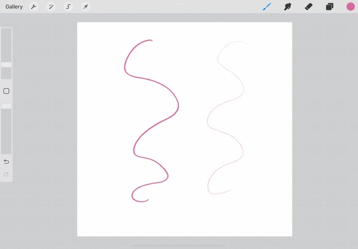 two pink lines are drawn on the canvas, one with a thicker brush size and one with a thinner brush size