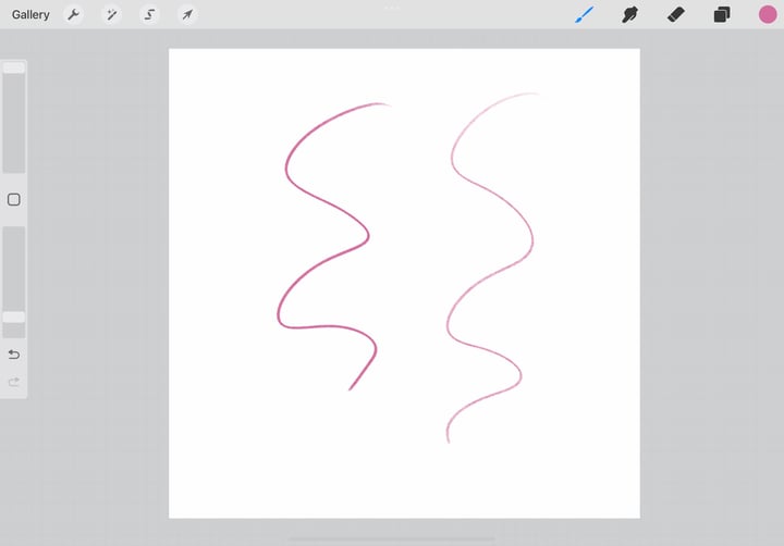 two pink lines are drawn on the canvas, one is opaque and one has lowered opacity