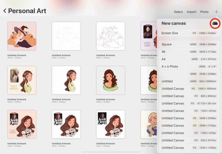 Procreate home page with the + icon circled in red