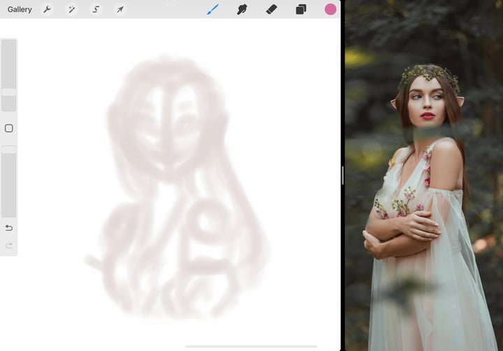 the canvas contains a very loose light grey sketch of the elven girl
