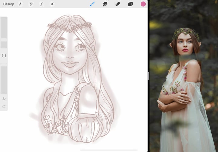 a more detailed sketch of the elven girl can be seen above the initial loose sketch