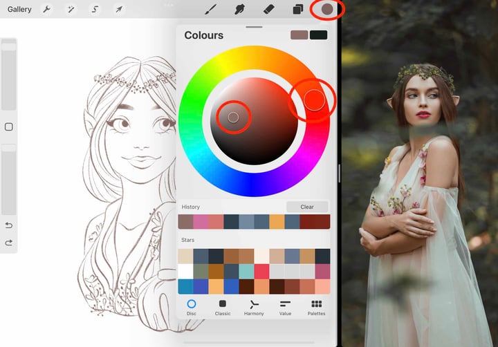 the swatch icon and the sliders within the colour wheel are circled in red