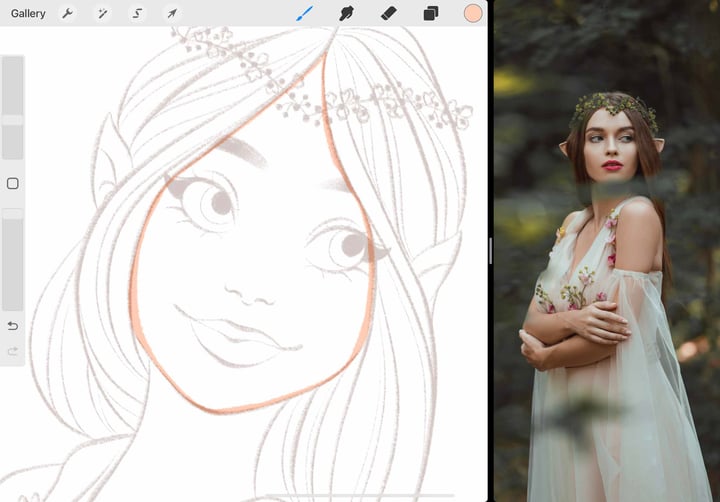 the face of the guide layer is outlined in a fair skin-tone shade