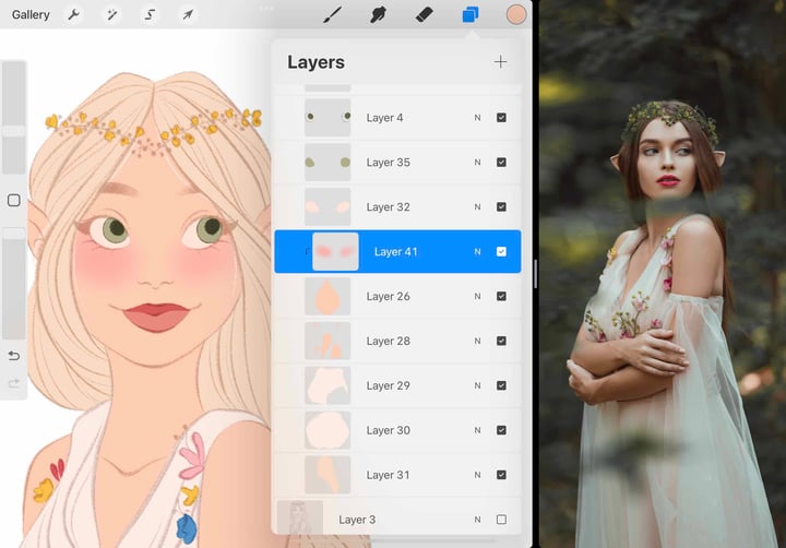 blush is added to the characters cheeks within the clipping mask
