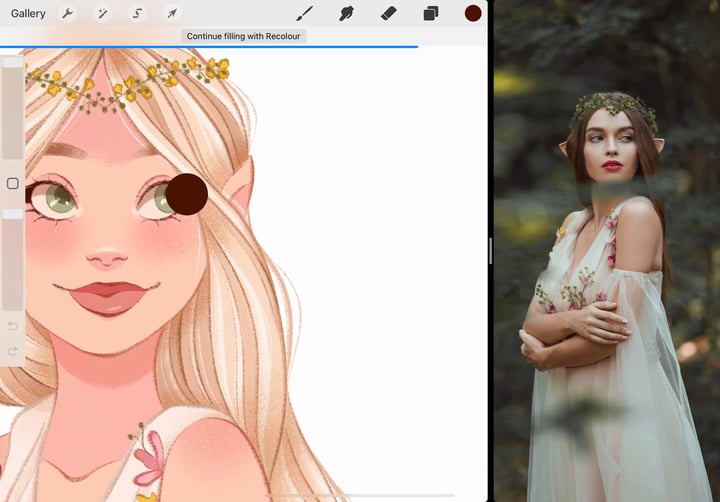 a dark brown swatch has been dragged over the eye outline line art