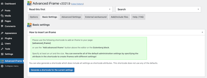 Generating shortcode, using the Advanced iframe plugin.