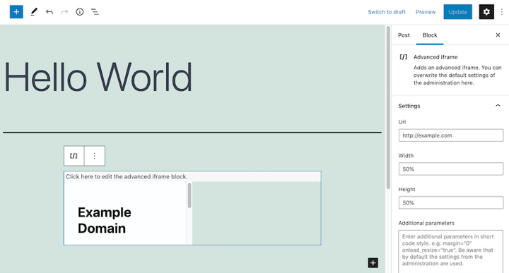 Configuring an Advanced iframe block. 