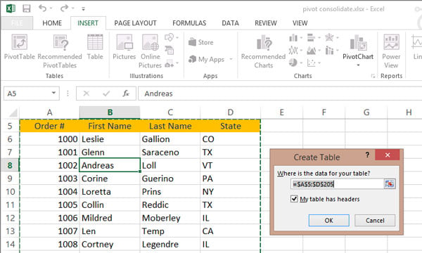 Create Table dialog box