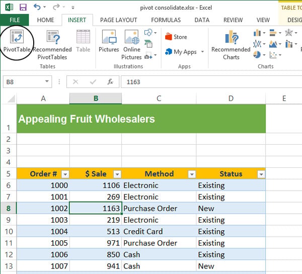 inserting the PivotTable