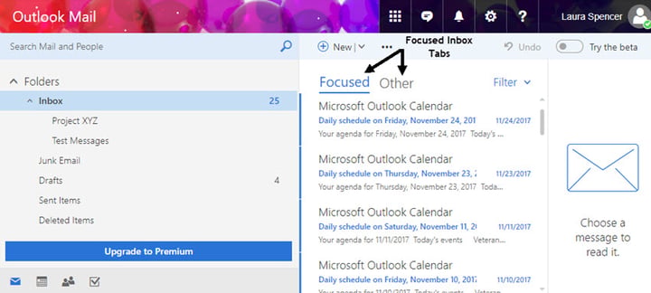 Focused tab on Outlookcom