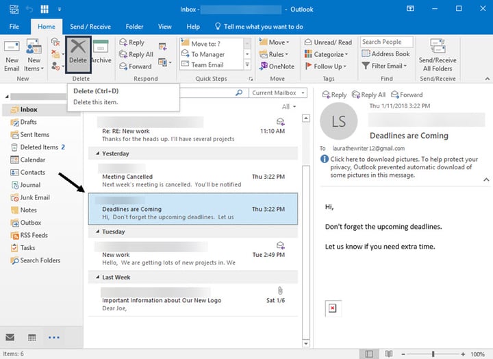 Deleting an old message in MS Outlook