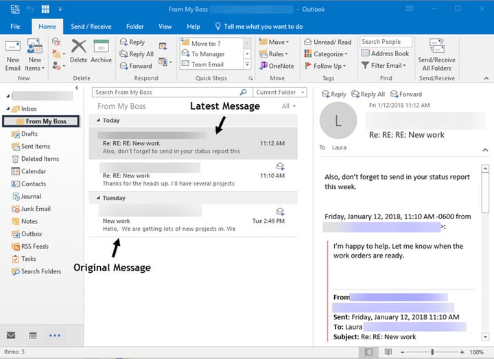 Example of a conversation in Outlook