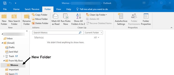 Outlook inbox showing new added folder