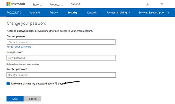 Microsoft Change your password screen