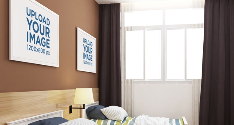 Mockup of Two Decorative Art Prints on a Bedroom Wall