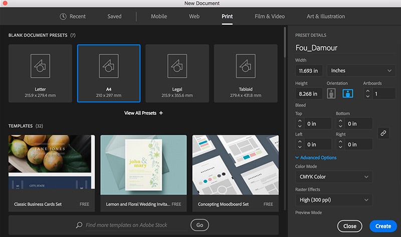 adobe illustrator new document set up artboard name size width height orientation units color mode