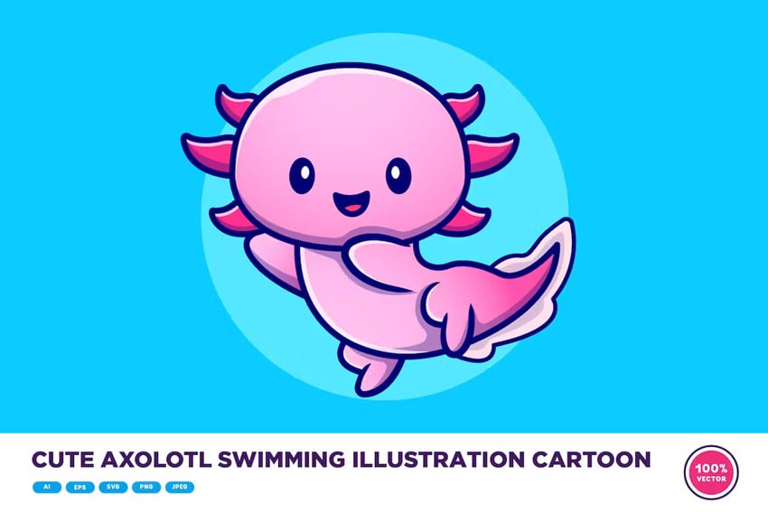 Cute Axolotl Swimming Illustration Cartoon