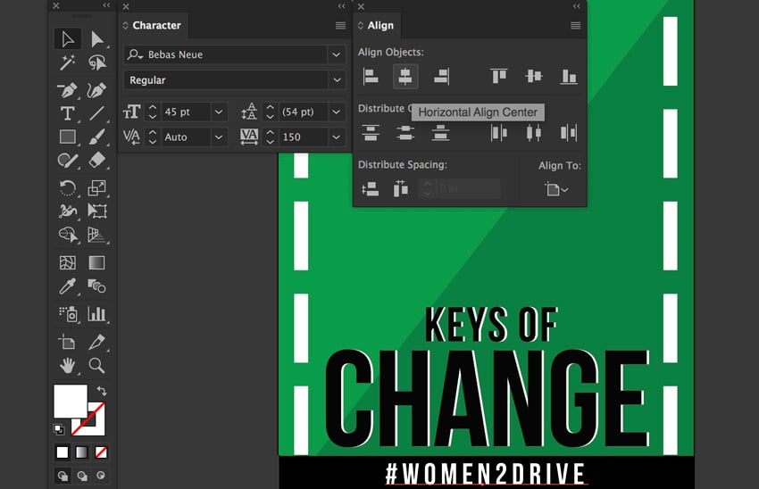 Type Tool add text set font size leading and tracking plus horizontal align