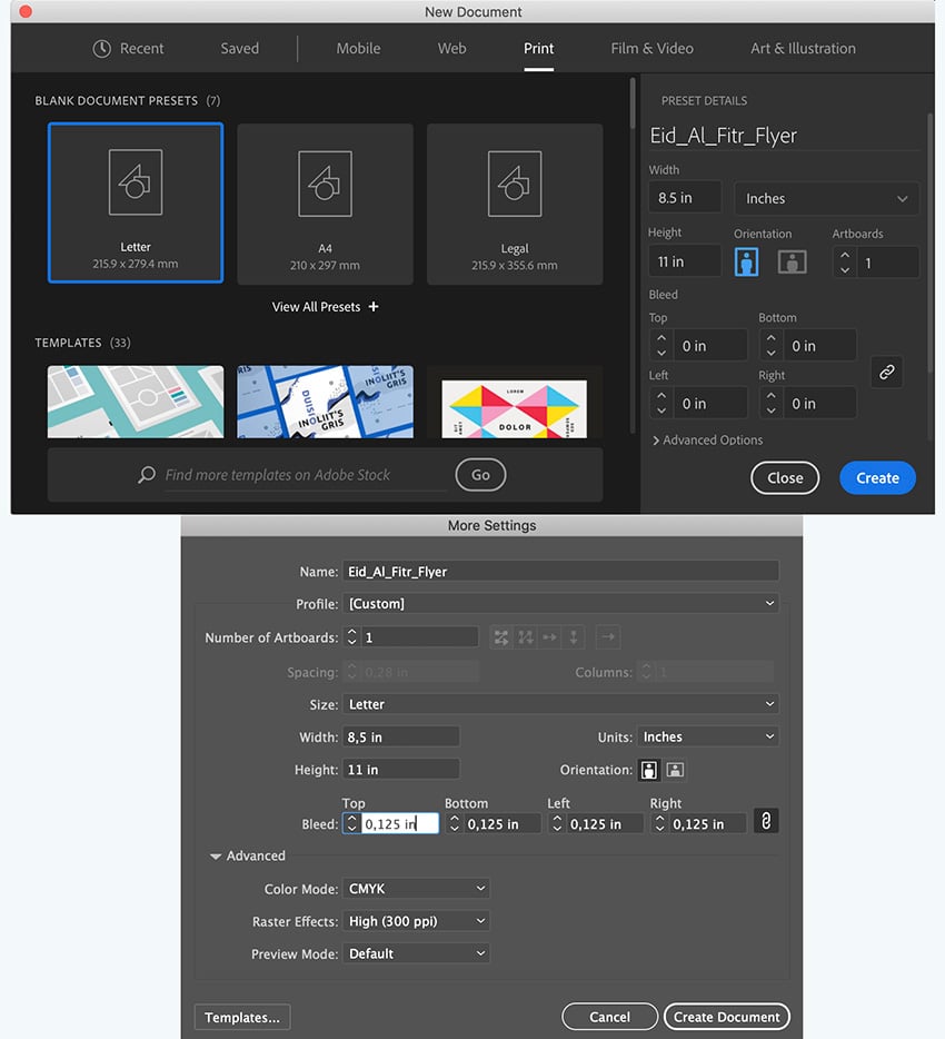 Eid Al-Fitr How to set up Flyer File New document More Settings Bleed Create document