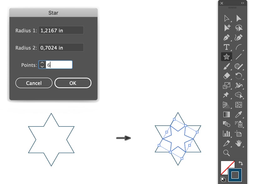 how to draw a star dialog box set radius 1 2 and points draw and rotate