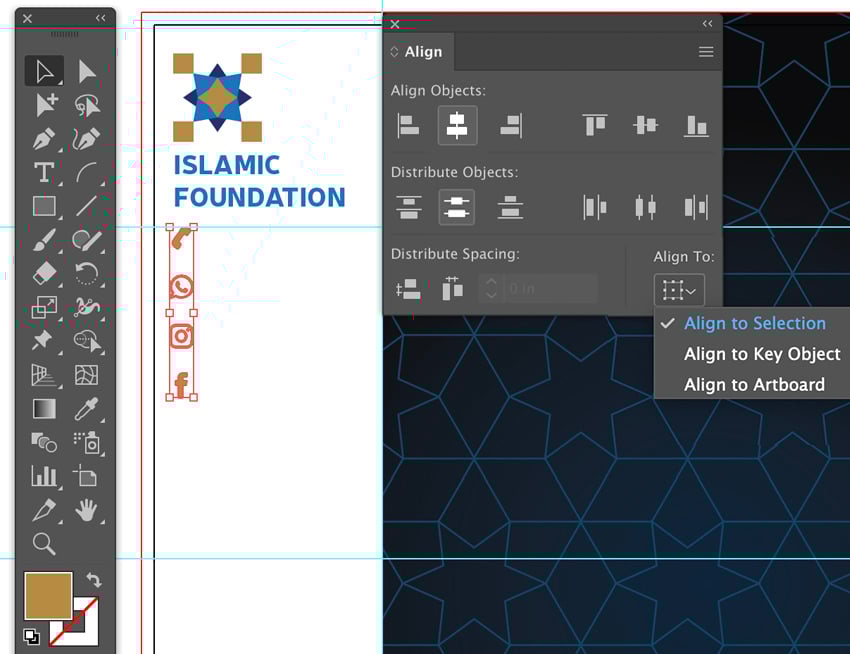 add social icons scale with free transform tool and shift key to constrain and align distribution objects to selection