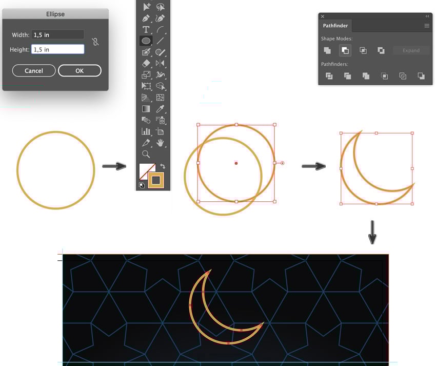 how to create a moon crecent two overlapping circles stroke pathfinder panel shape modes minus front