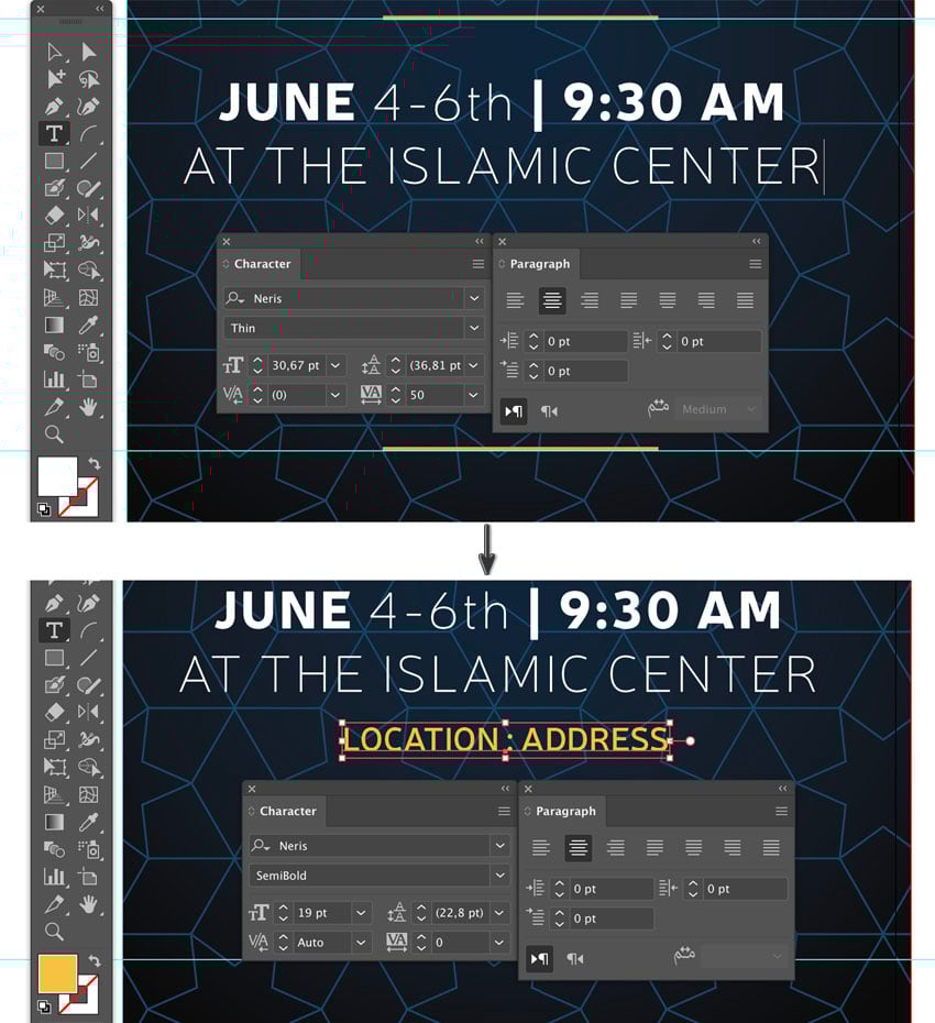 how to add event location using character panel font type settings style size and leading