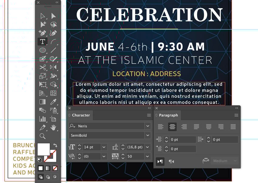 add dummy text using type tool dont style size leading tracking align center