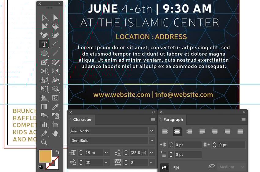 How to add in website information and email address using font type style size leading alignment