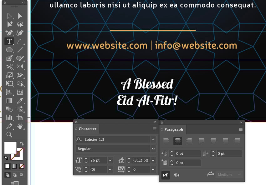 Add eid Al Fitr Holiday Greeting type tool align center lobster regular style 