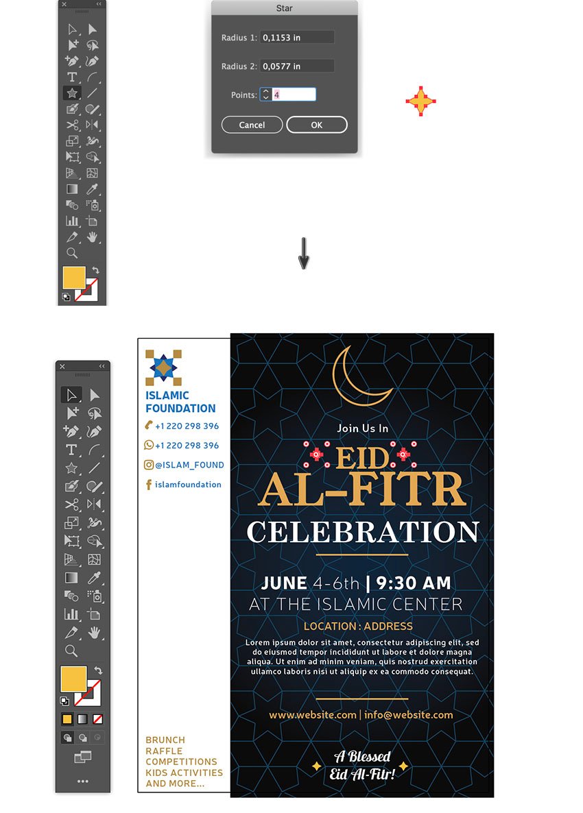 how to add 4pt star grpahics using star tool and drop and drag shift alt keys