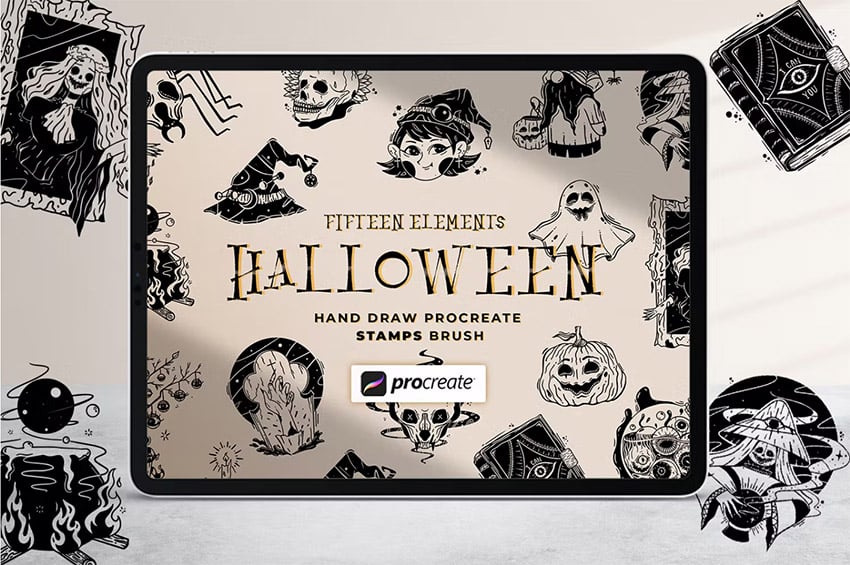 halloween illustration stamp brushes for Procreate app on Envato Elements