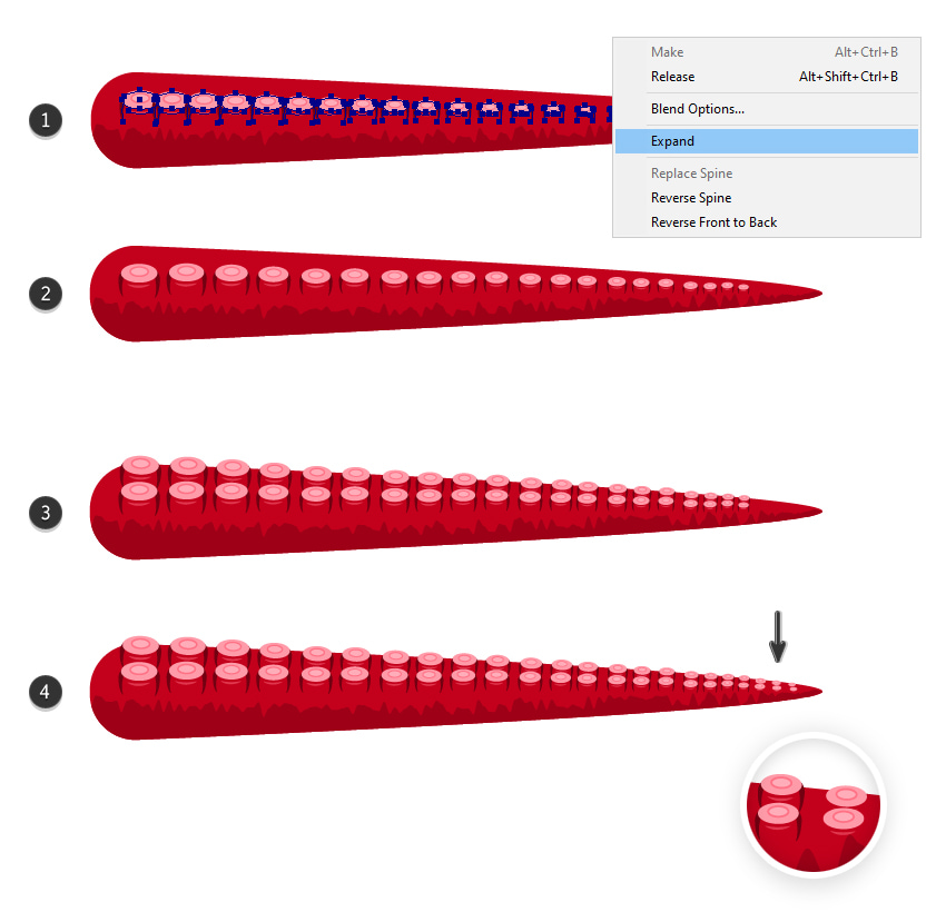 how to create all side suckers on the tentacle