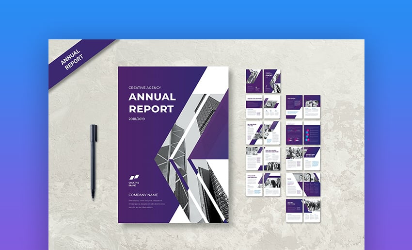 Purple Adobe InDesign annual report templates