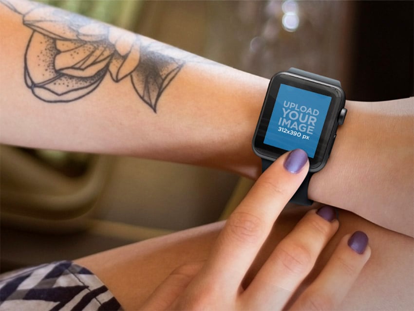 Young Tattooed Woman Using her Black Apple Watch with Vintage Backdrop