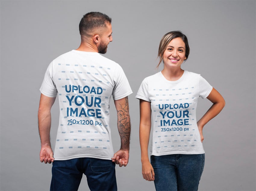 Back and Front View Tee Mockup of a Man Staring at Woman Facing the Camera