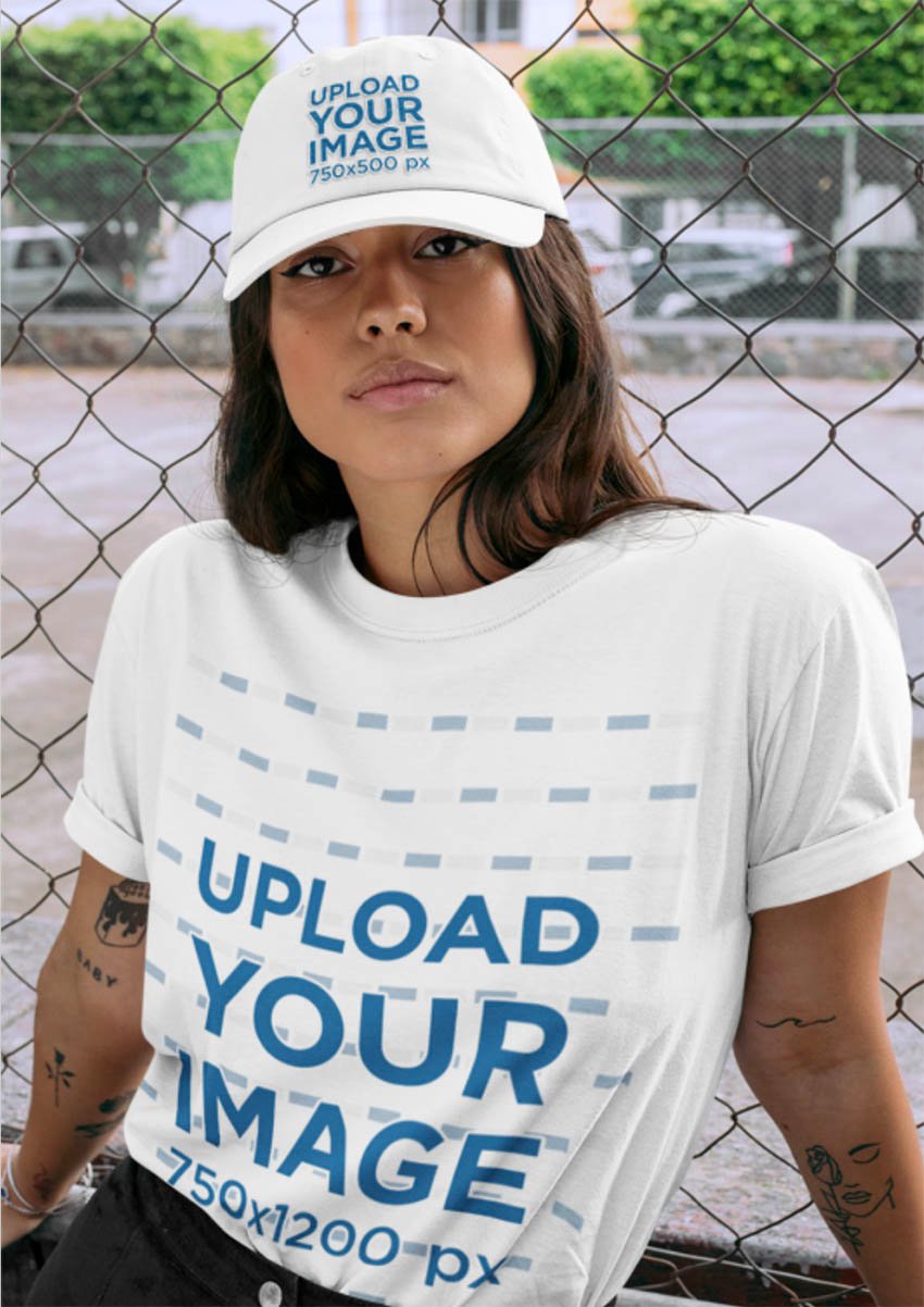T-Shirt Mockup Featuring a Woman Wearing a Dad Hat by a Chain Link Fence
