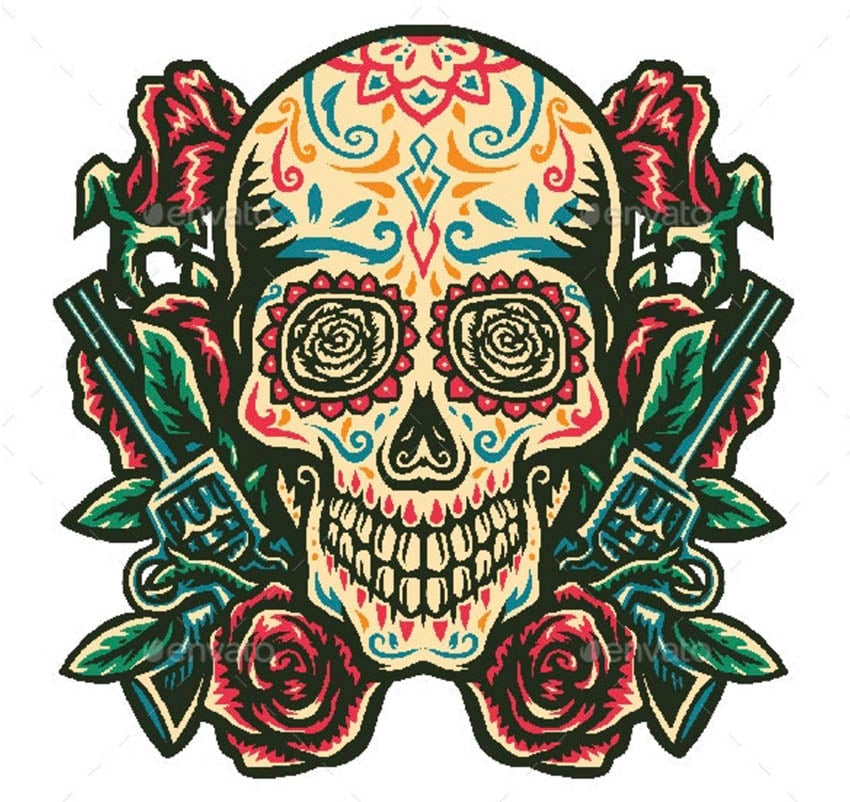 Sugar Skull With a Gun and Rose