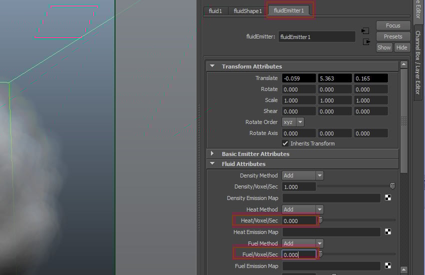 Go to fluidEmitter1 attribute