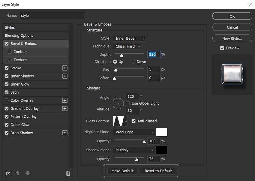 example of make default and reset to default options