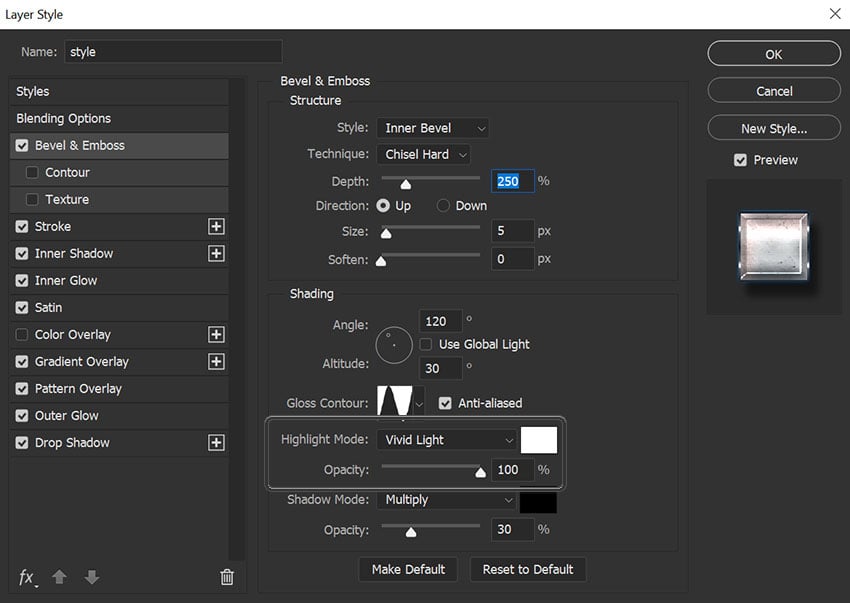 highlight and opacity settings example