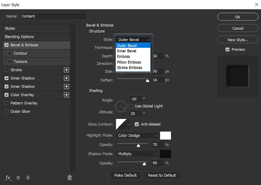 example of style settings