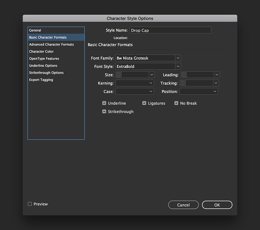 create a new character style