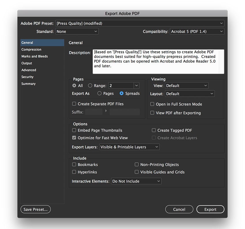 select press quality as PDF preset and Export As Spreads