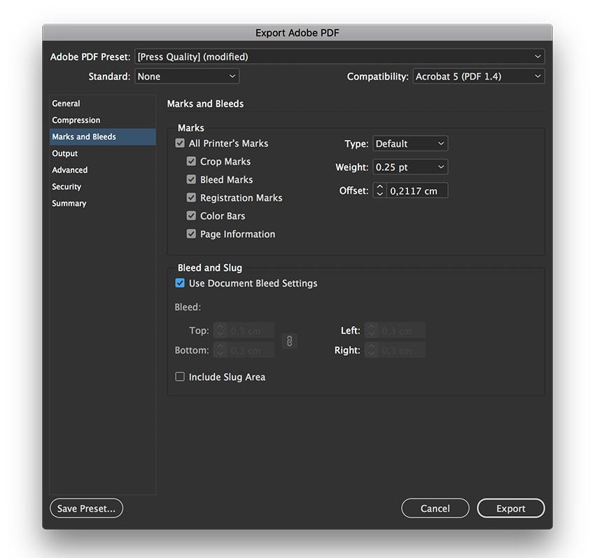 check all printers marks and use document bleed settings
