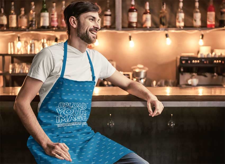 Apron Mockup of a Man Sitting at a Bar