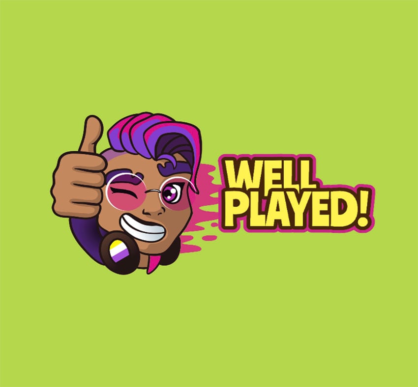 Twitch Emoticons Featuring an Illustrated Non-Binary Gamer With Thumbs Up