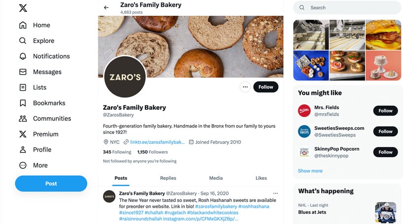 Zaros Bakery Twitter bio with elevator pitch