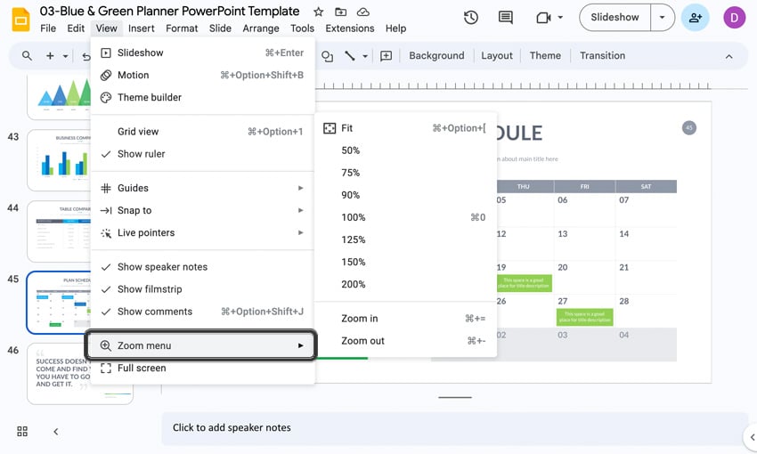 Zoom to edit Google Slides template calendar