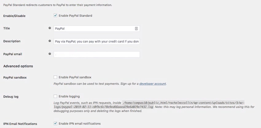 The PayPal set up screen